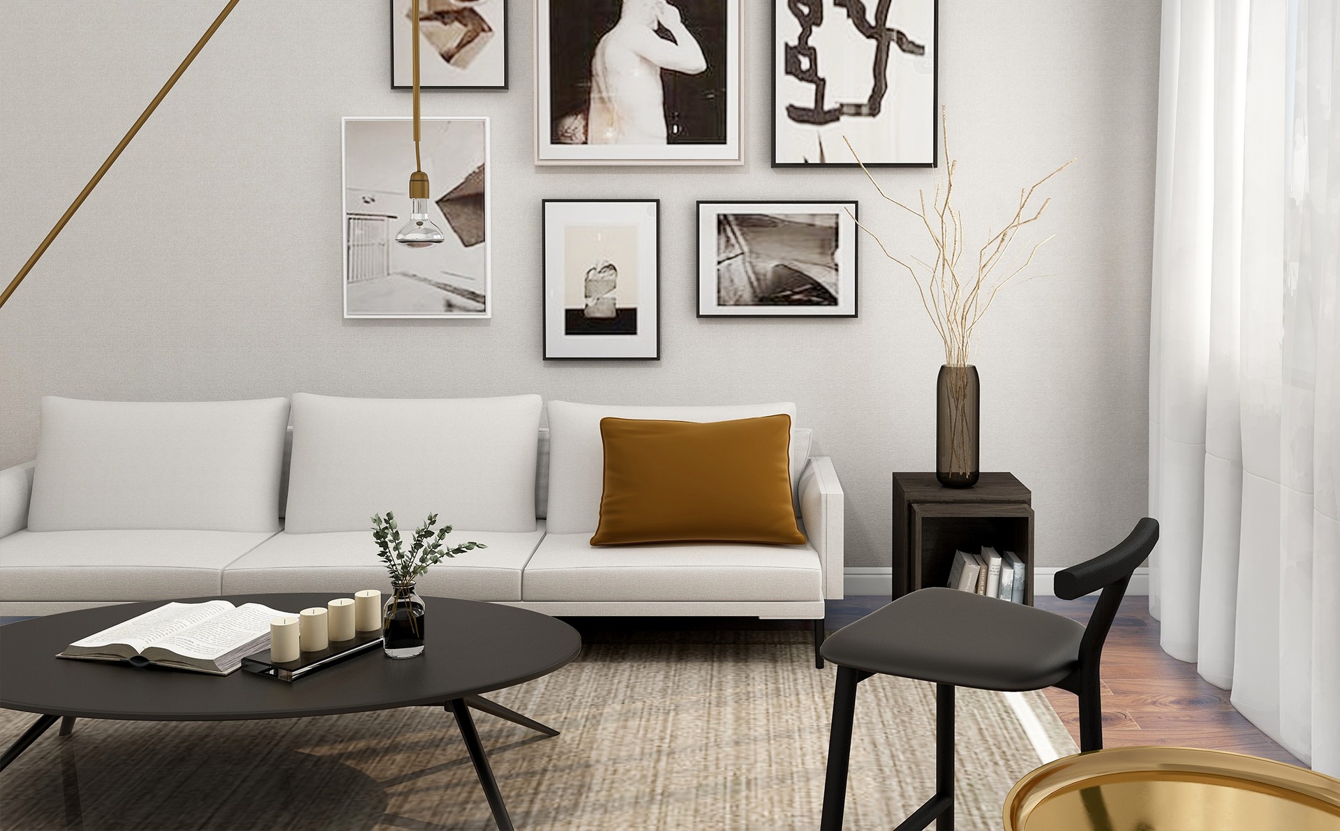 Salon w stylu skandynawskim z jasną kanapą i galerią obrazów na ścianie Home Staging oferta dla inwestorów